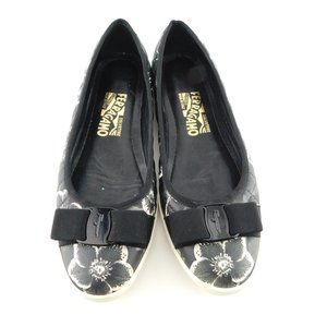 FERRAGAMO Vara Logo Bow Black Quilted Floral Leather Slip-on Sneaker Flats 7.5 C